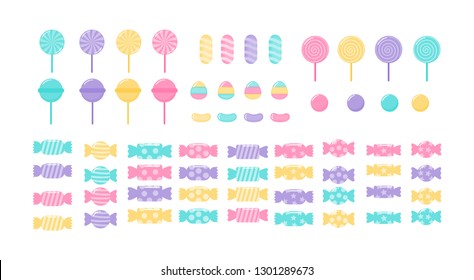 kawaii Cute Pastel Set of candy sweets desserts with different types isolated on White Background for cafe or restaurant. illustration Vector.