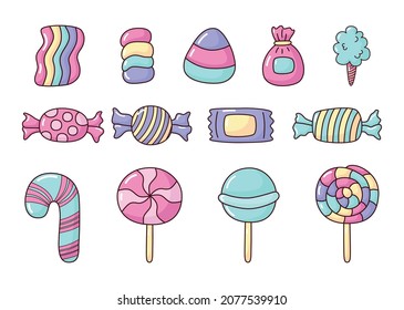 kawaii Cute Pastel Set of candy sweets desserts with different types isolated on white Background for cafe or restaurant. illustration Vector.