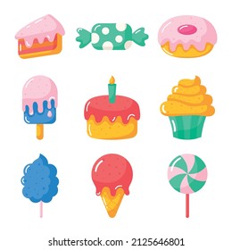 kawaii cute pastel set of candy sweets desserts with different types isolated on white background for cafe or restaurant. illustration vector.