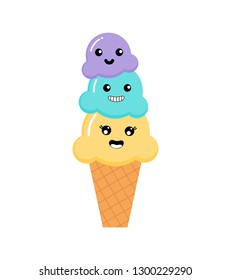 kawaii Cute Pastel set Ice cream cone sweet desserts with Funny Faces cartoon with different types isolated on White Background for cafe or restaurant. illustration Vector.
