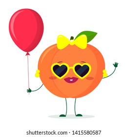 Kawaii cute peach fruit cartoon character sunglasses hearts and earrings. Holds a red air balloon. Logo, template, design. Vector illustration, a flat style.