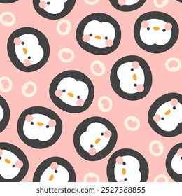 kawaii bonito rosto de pinguim com corações, tecido infantil e pastel têxtil feminino impressão rosa. valentines adorável inverno temporada de embrulho papel simples vetor plano.