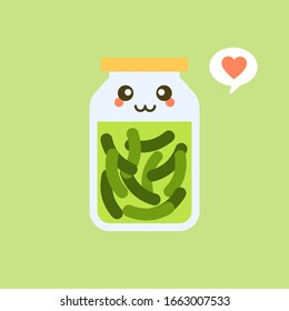 Kawaii and cute pickles in jar, isolated jar of pickled cucumbers. Marinated vegetables in can, homemade production full of probiotics. Fermented veggies, crunch gherkin with salt.  Flat design style 