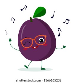 Kawaii cute plum purple fruit cartoon character in glasses dances to music. Logo, template, design. Vector illustration, a flat style.