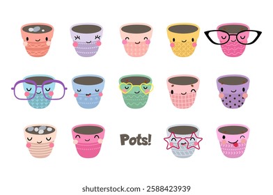 Kawaii cute pots characters. Isolated plant pot with different emotions. Funny planting gardening equipment in eyewear. Decorative vector clipart