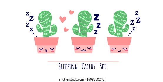 Kawaii cute potted sleeping cactus set with ZZZ text in flat style. Can be used for greeting cards or posters or interior design elements, stickers, hygge illustrations or insomnia leaflets etc.