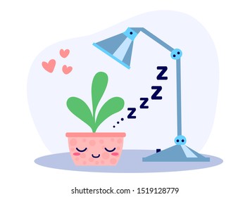 Kawaii cute potted sleeping plant under the lamp in the night in flat style. Can be used for greeting cards or posters or interior elements, stickers, hygge illustrations etc.