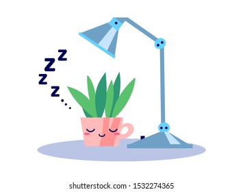 Kawaii cute potted sleeping plant with ZZZ text under the lamp in the night in flat style. Can be used for greeting cards or posters or interior elements, stickers, hygge illustrations etc.