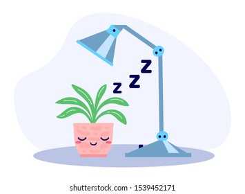 Kawaii cute potted sleeping plant under the lamp in the night in flat style. Can be used for cute greeting cards or posters or interior elements, stickers, hygge illustrations etc.