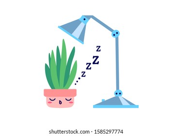 Kawaii cute potted sleeping plant under the lamp in the night in flat style. Can be used for greeting cards or posters or interior elements, stickers, hygge illustrations etc.