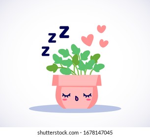 Kawaii cute potted sleeping plant with ZZZ text in flat style. Can be used for cute greeting cards or posters or interior design elements, stickers, hygge illustrations or insomnia leaflets etc.