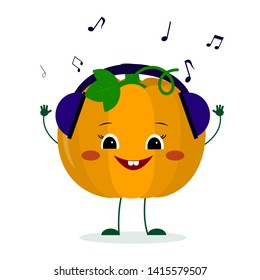 Kawaii cute pumpkin vegetable cartoon character in glasses dances to music. Logo, template, design. Vector illustration, a flat style.