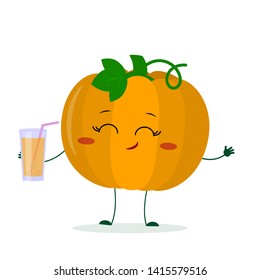 Kawaii cute pumpkin vegetable cartoon fruit character holding a glass with juice. Logo, template, design. Vector illustration, flat style.