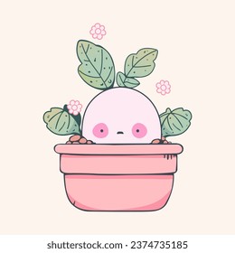 Kawaii cute radish face, leaves, flower in pink flowerpot. Healthy vegetables concept. Hand drawn style. Cartoon floral image. Childish vector illustration. For greeting card, postcard, scrabbucking.