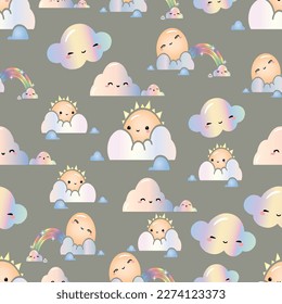 Kawaii Cute Rainbow and Clouds seamless pattern
