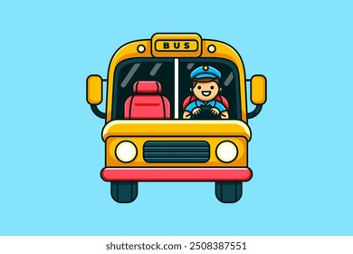 A kawaii, cute, retro-style cartoon illustration of a school bus happily walking.