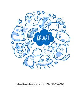 Kawaii cute round illustration with super cute animals jellyfish, panda, bear, pony, penguin, fur seal, seal, cat, kitten, rabbit, hare and elements stars and clouds. Vector outline llustration