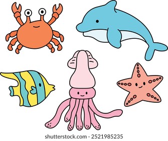 Kawaii süße Meerestiere Set, unter Wasser schöne Kreaturen Abenteuer.einschließlich Krabbe, Delfin, Zanclus, Tintenfisch und Seestern für Kinder, die Meerestiere lieben