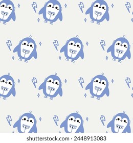 Kawaii cute seamless pattern with blue penguin robot on white background.