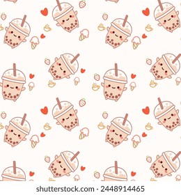 Kawaii cute seamless pattern with boba bubble milk tea on white background.