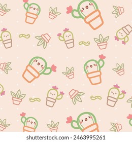 Motif Kawaii Joli Harmonieux de Cactus et de ver sur Fond Marron doux