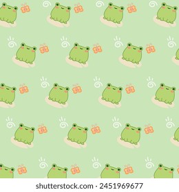 Kawaii cute seamless pattern with frog and butterfly on green background