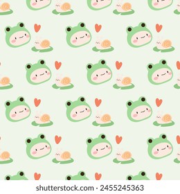 Kawaii cute seamless pattern with frog and little snail on soft green background