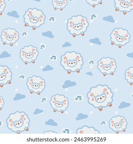 Kawaii Cute Seamless Pattern with Sheep and Clouds on Blue Background