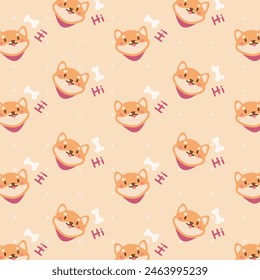 Kawaii cute seamless pattern with shiba inu dog and bone on orange Background