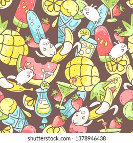 Kawaii cute seamless pattern with summer sweet food, ice-cream, fruits and coctails and funny characters jumping between desserts. Vector illustration.