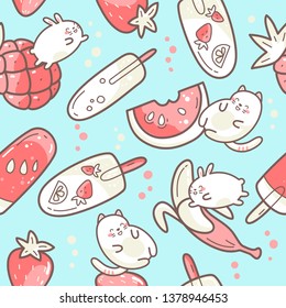 Kawaii cute seamless pattern with summer sweet food, ice-cream, fruits and funny characters jumping between desserts. Vector illustration.
