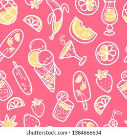 Kawaii cute seamless pattern with summer sweet food, ice-cream, fruits and coctails. Vector outline llustration
