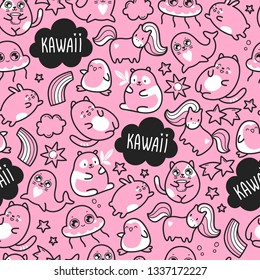 Kawaii cute seamless pattern with super cute animals jellyfish, panda, bear, pony, penguin, fur seal, seal, cat, kitten, rabbit, hare and elements stars and clouds. Vector outline llustration