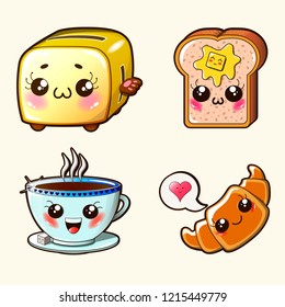 Kawaii cute set - toaster, bread, coffee cup and croissant