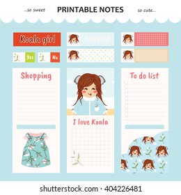 Kawaii and cute set vector design elements for notebook, diary, sticker, label, tag, paper, memo with koala girl illustration. Shopping, to do list. Blue color theme