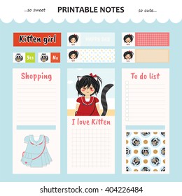 Kawaii and cute set vector design elements for notebook, diary, sticker, label, tag, paper, memo with kitten girl illustration. Shopping, to do list. Blue color theme
