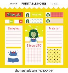 Kawaii and cute set vector design elements for notebook, diary, sticker, label, tag, paper, memo with alien girl illustration. Shopping, to do list. Honey yellow color theme
