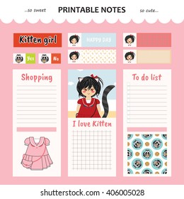 Kawaii and cute set vector design elements for notebook, diary, sticker, label, tag, paper, memo with kitten girl illustration. Shopping, to do list. Pink color theme
