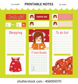 Kawaii and cute set vector design elements for notebook, diary, sticker, label, tag, paper, memo with koala girl illustration. Shopping, to do list. Green, orange colors theme