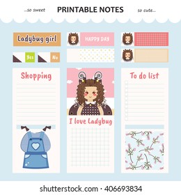 Kawaii and cute set vector design elements for notebook, diary, sticker, label, tag, paper, memo with ladybug girl illustration. Shopping, to do list. Pink, blue color theme

