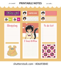 Kawaii and cute set vector design elements for notebook, diary, sticker, label, tag, paper, memo with kitten girl illustration. Shopping, to do list. Yellow color theme
