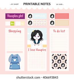 Kawaii and cute set vector design elements for notebook, diary, sticker, label, tag, paper, memo with vampire girl illustration. Shopping, to do list. Pink color theme