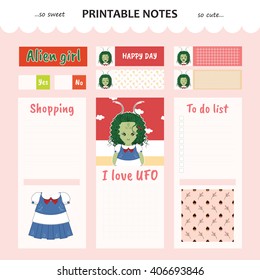 Kawaii and cute set vector design elements for notebook, diary, sticker, label, tag, paper, memo with alien girl illustration. Shopping, to do list. Pink color theme