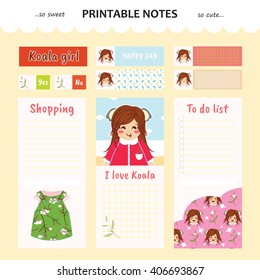 Kawaii and cute set vector design elements for notebook, diary, sticker, label, tag, paper, memo with koala girl illustration. Shopping, to do list. Peach color theme
