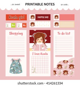 Kawaii and cute set vector design elements for notebook, diary, sticker, label, tag, paper, memo with koala girl illustration. Shopping, to do list. Violet, lilac colors theme
