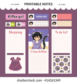 Kawaii and cute set vector design elements for notebook, diary, sticker, label, tag, paper, memo with kitten girl illustration. Shopping, to do list. Violet color theme
