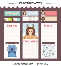 Kawaii and cute set vector design elements for notebook, diary, sticker, label, tag, paper, memo with ladybug girl illustration. Shopping, to do list. Violet grey color theme