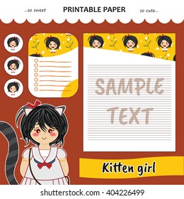 Kawaii and cute set vector printable paper for diary, notebook, letters. Kitten girl stickers and illustration. Festive childish cartoon design. Honey brown color theme