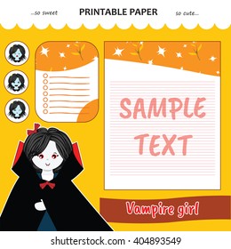 Kawaii and cute set vector printable paper for diary, notebook, letters. Vampire girl stickers and illustration. Festive childish cartoon design.