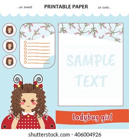 Kawaii and cute set vector printable paper for diary, notebook, letters. Ladybug girl stickers and illustration. Festive childish cartoon design. Blue color theme